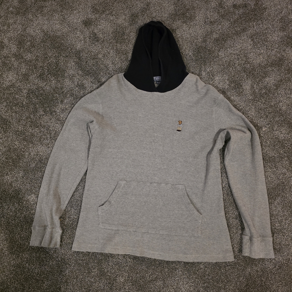 Rare Vintage POLO RALPH LAUREN Spell Out Bear Waffle Hoodie Sweatshirt 90s SZ XL
